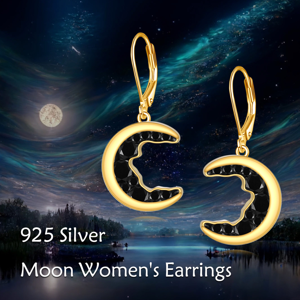 Sterling Silver with Yellow Gold Plated Cubic Zirconia Moon Lever-back Earrings-7