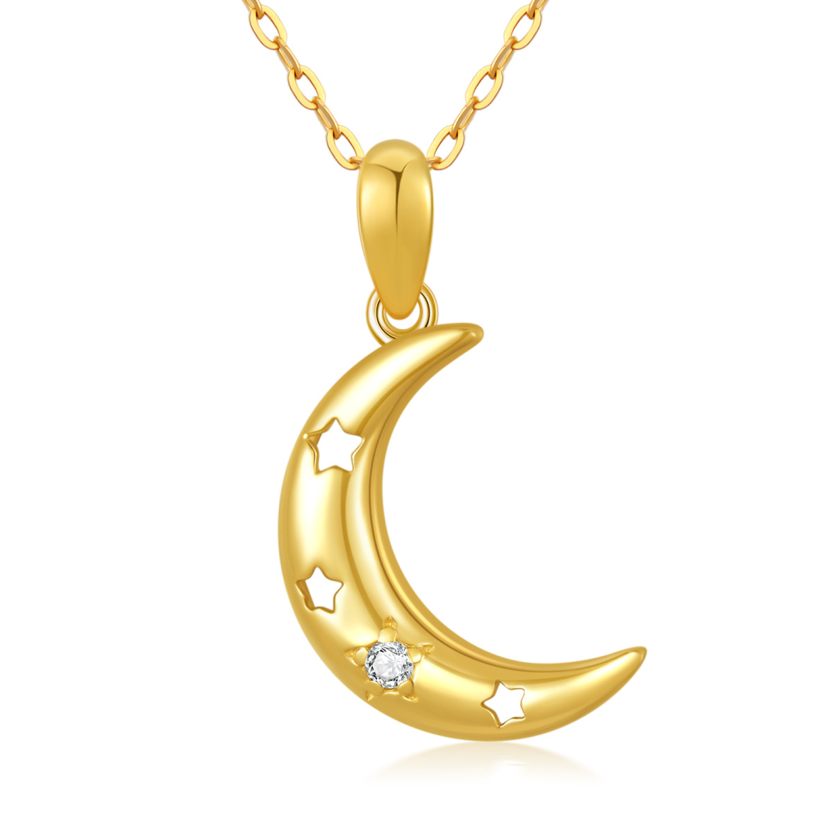 10K Gold Cubic Zirconia Moon Pendant Necklace-1