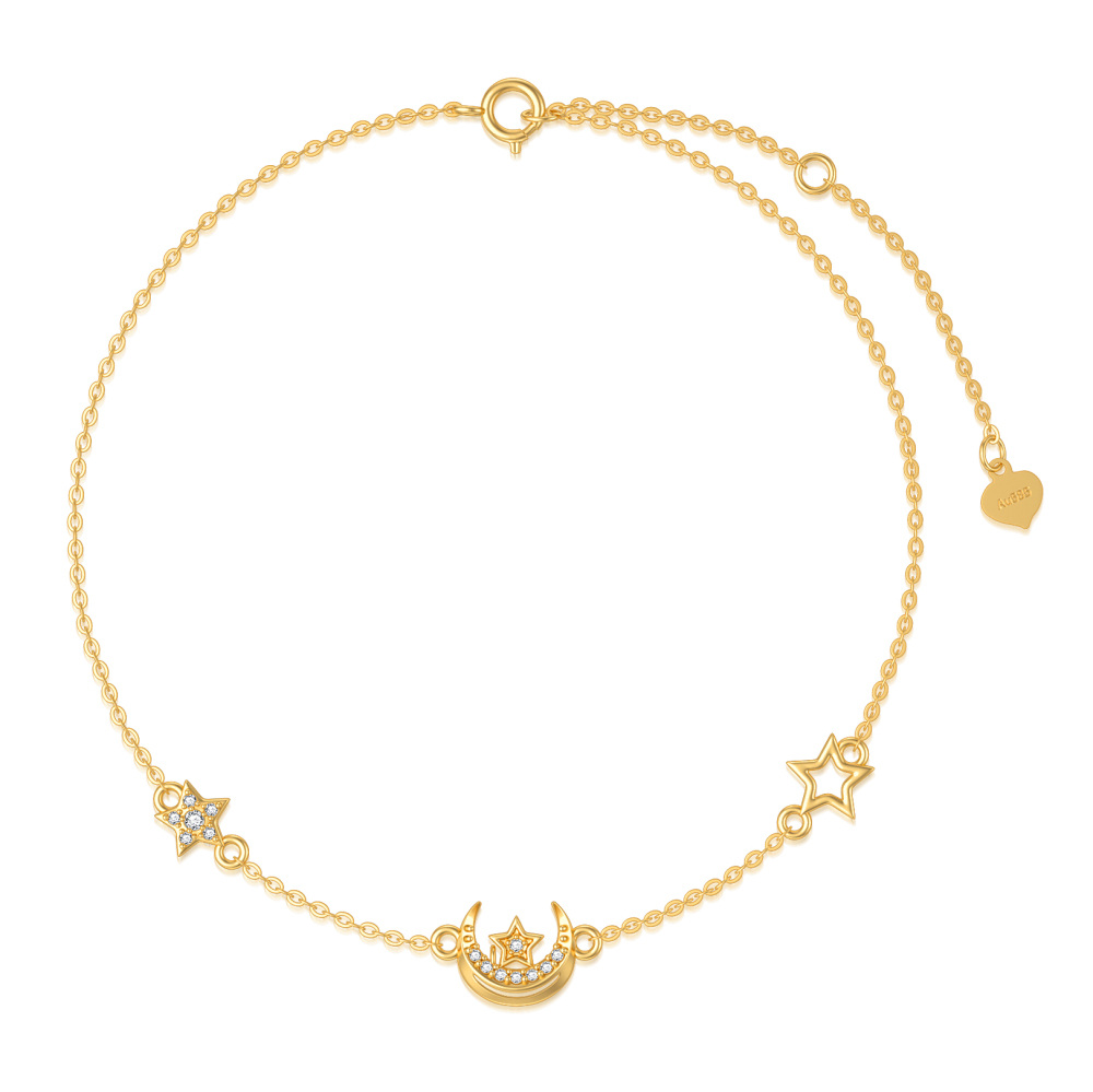 10K Gold Cubic Zirconia Moon & Pentagram Charm Bracelet-1