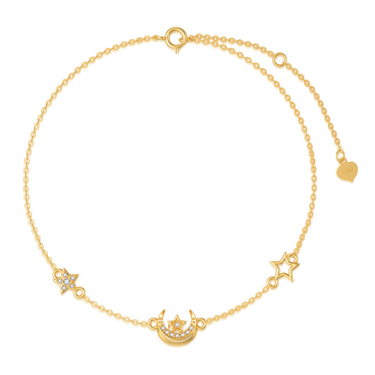 14K Gold Cubic Zirconia Moon & Pentagram Pendant Bracelet