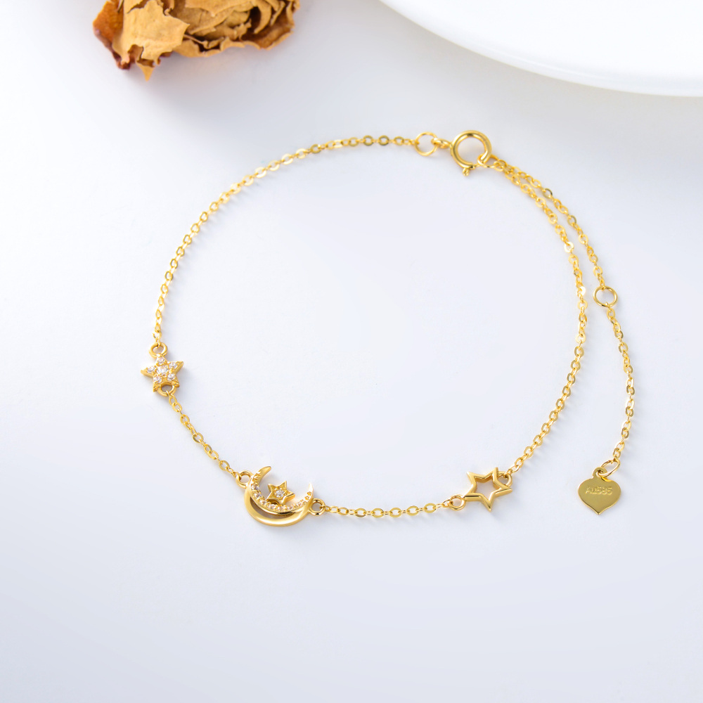 10K Gold Cubic Zirconia Moon & Pentagram Charm Bracelet-3