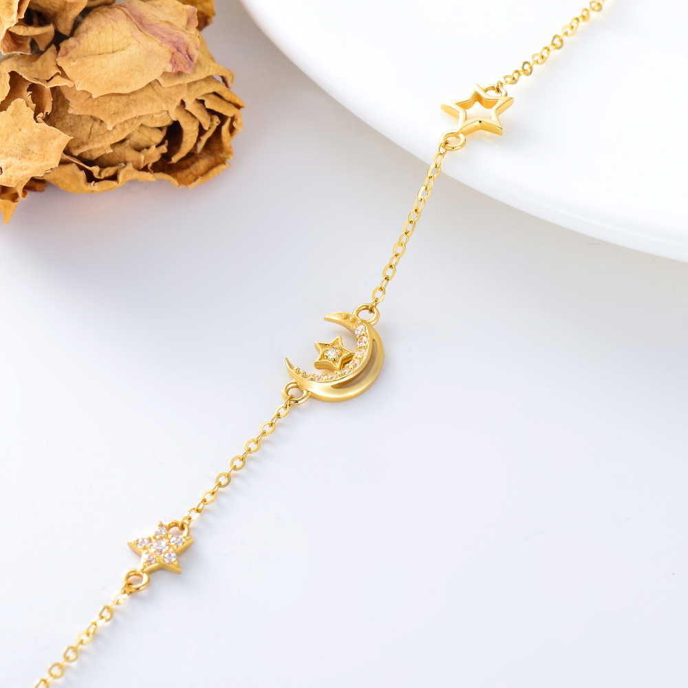 10K Gold Cubic Zirconia Moon & Pentagram Charm Bracelet-4