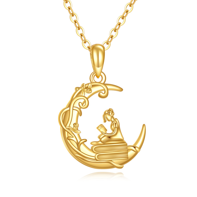 Collier pendentif en or 14K avec lune et jeune fille lisant-1