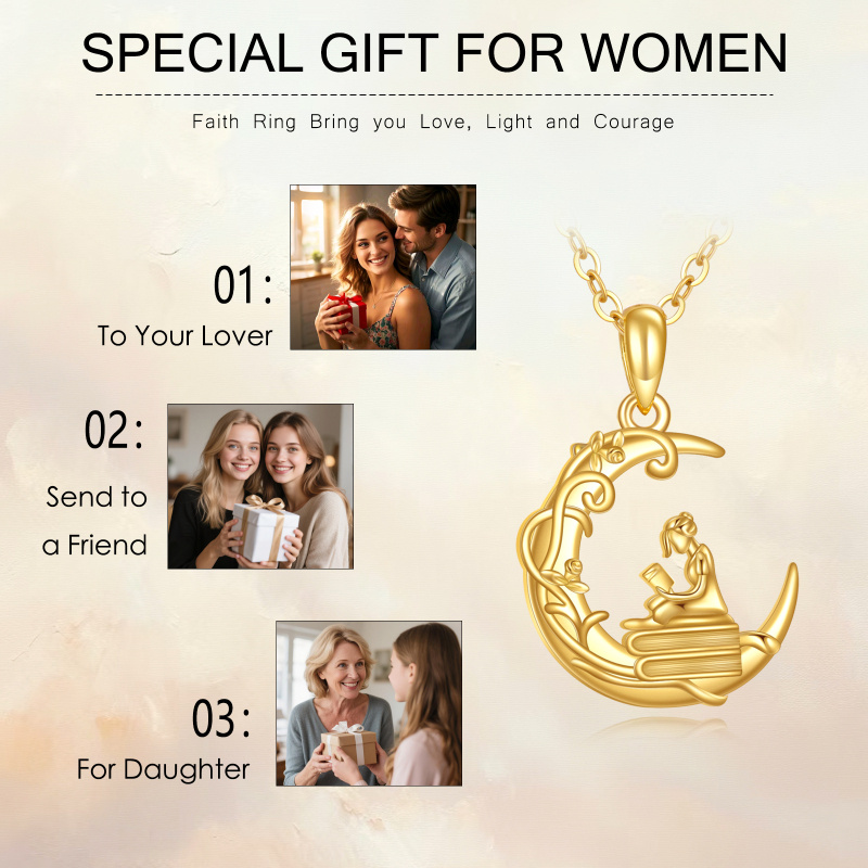 Collier pendentif en or 14K avec lune et jeune fille lisant-5