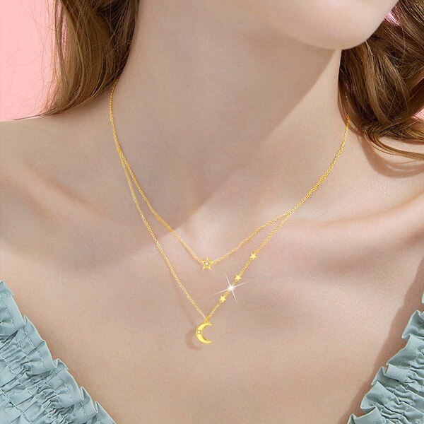 14K Gold Cubic Zirconia Moon Star Layered Necklace