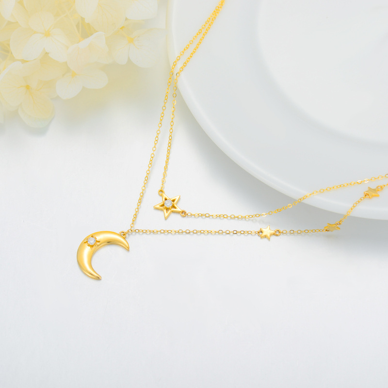 Colar em camadas com lua e estrela em ouro branco 10K e zircónias cúbicas-3