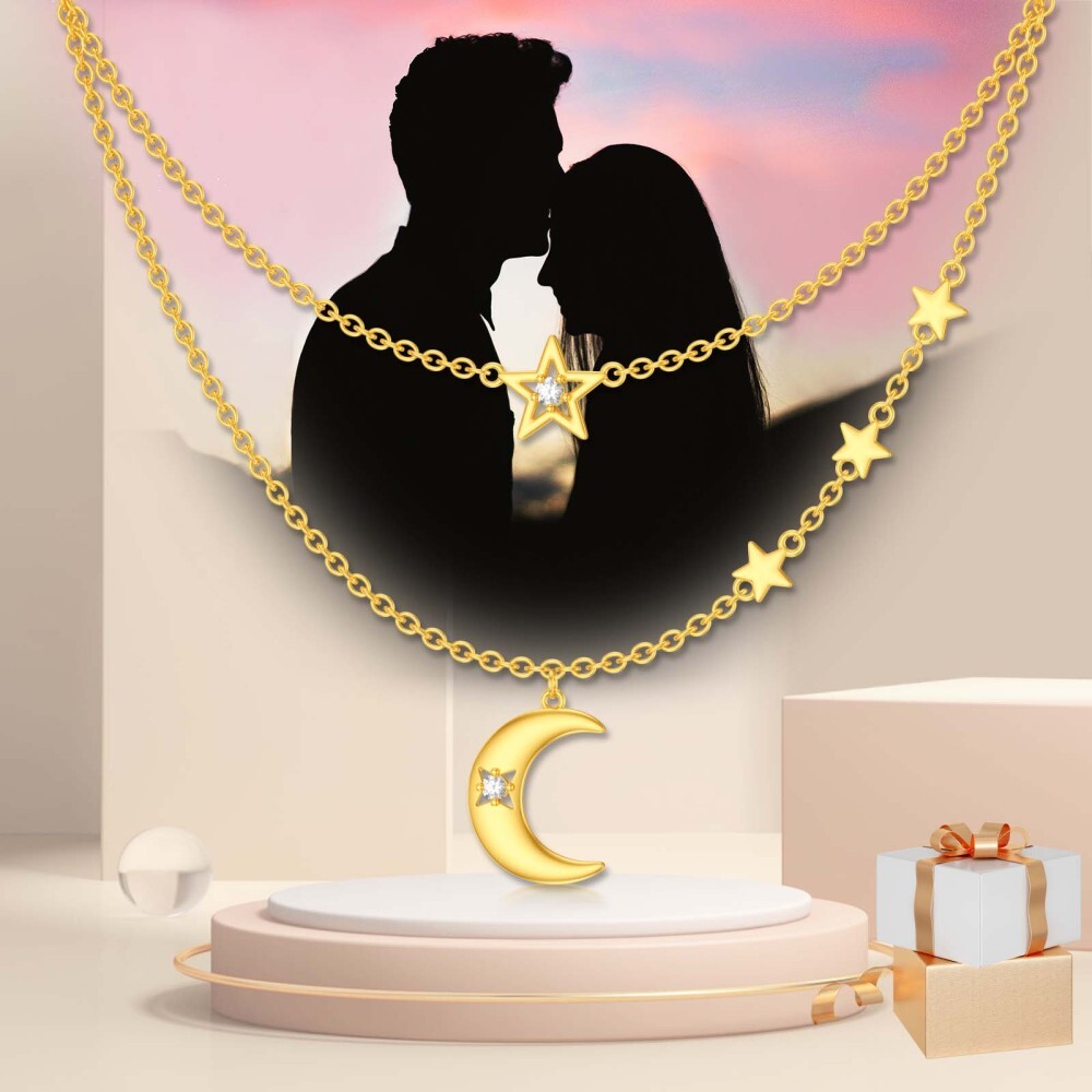 10K Gold Cubic Zirconia Moon & Star Layered Necklace-5