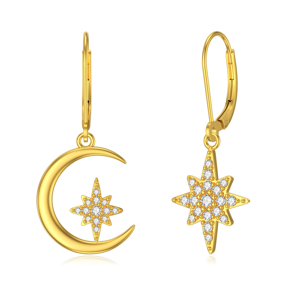 18K Gold Cubic Zirconia Moon & Star Lever-back Earrings-1