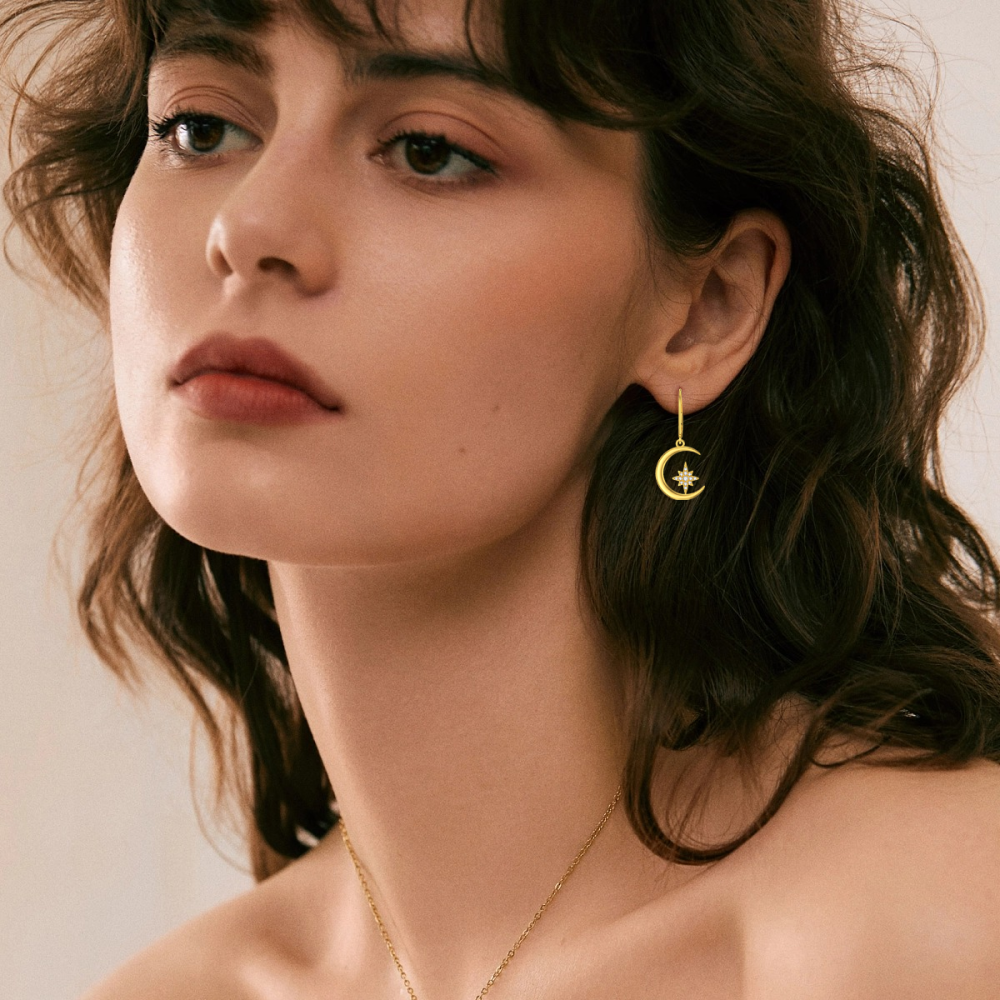 18K Gold Cubic Zirconia Moon & Star Lever-back Earrings-2