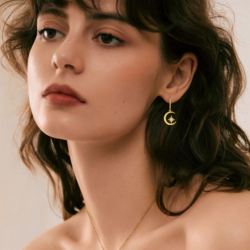 Boucles d'oreilles à levier en or 14 carats avec zircone cubique et étoile lune-2