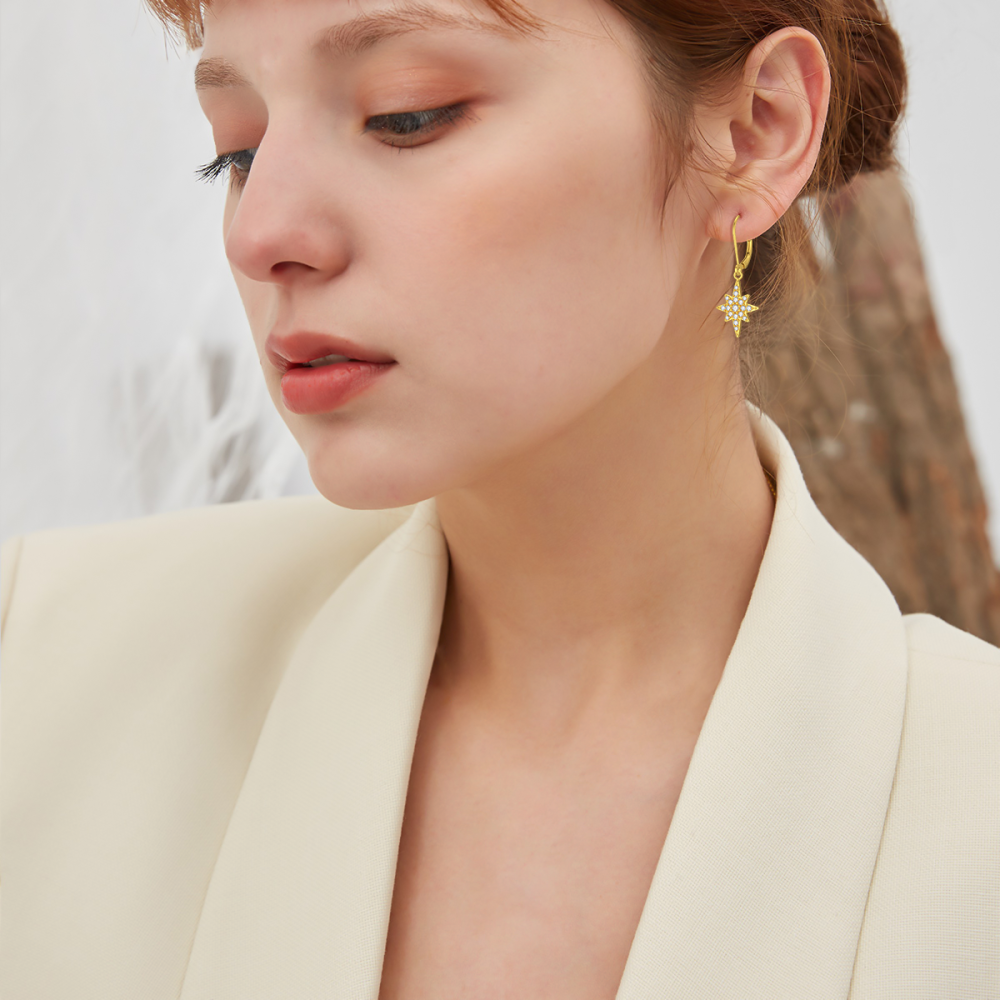18K Gold Cubic Zirconia Moon & Star Lever-back Earrings-3