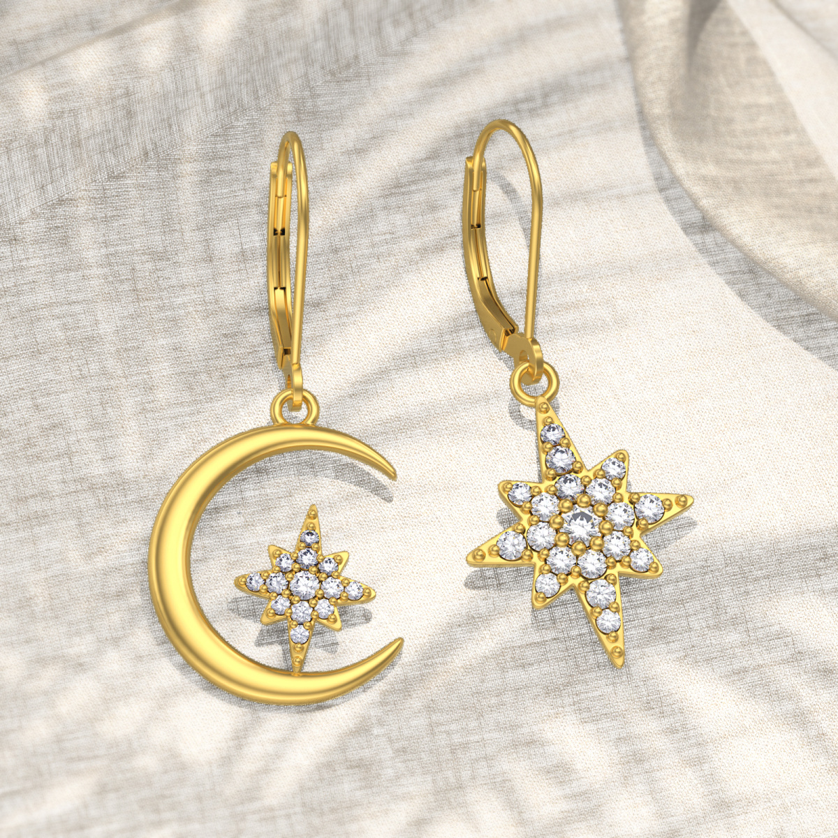 Pendientes de oro de 14 quilates con circonita cúbica, luna y estrella con cierre de palanca-4