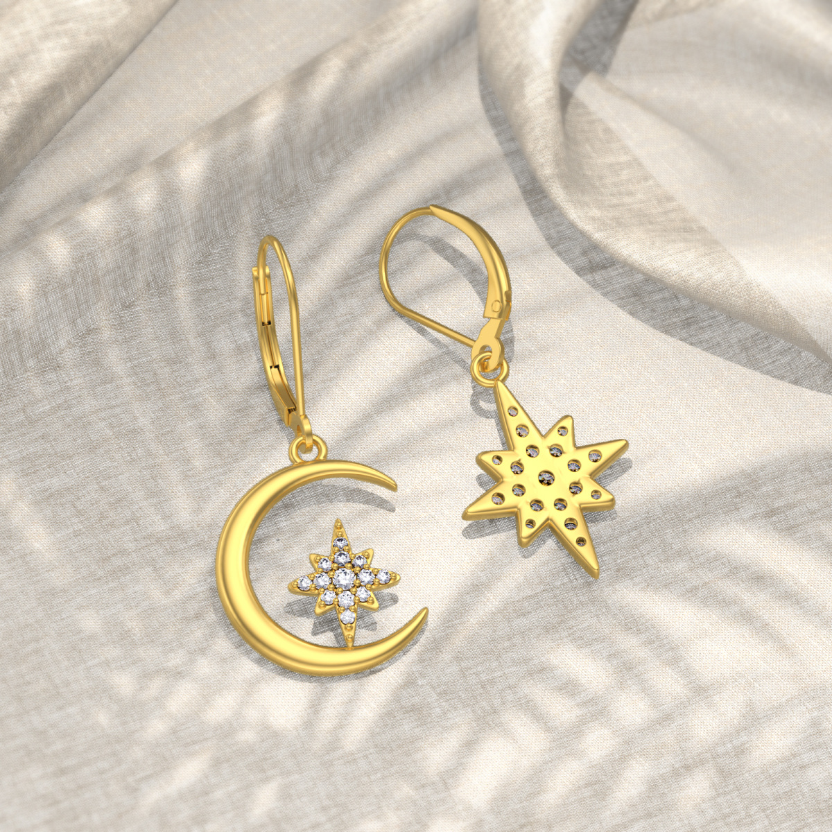 Pendientes de oro de 14 quilates con circonita cúbica, luna y estrella con cierre de palanca-5