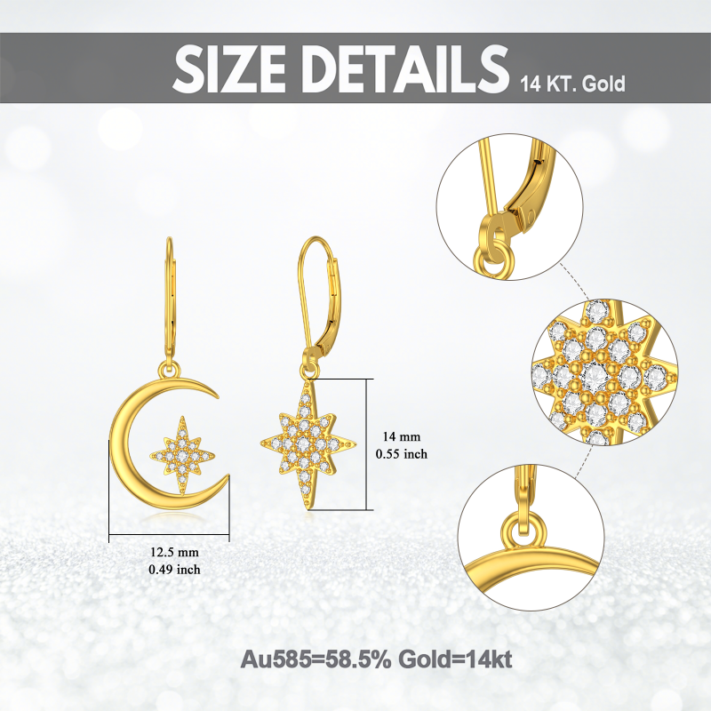 Boucles d'oreilles à levier en or 14 carats avec zircone cubique et étoile lune-6