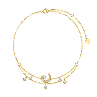 14K Gold Cubic Zirconia Moon & Star Multi-layered Anklet-4