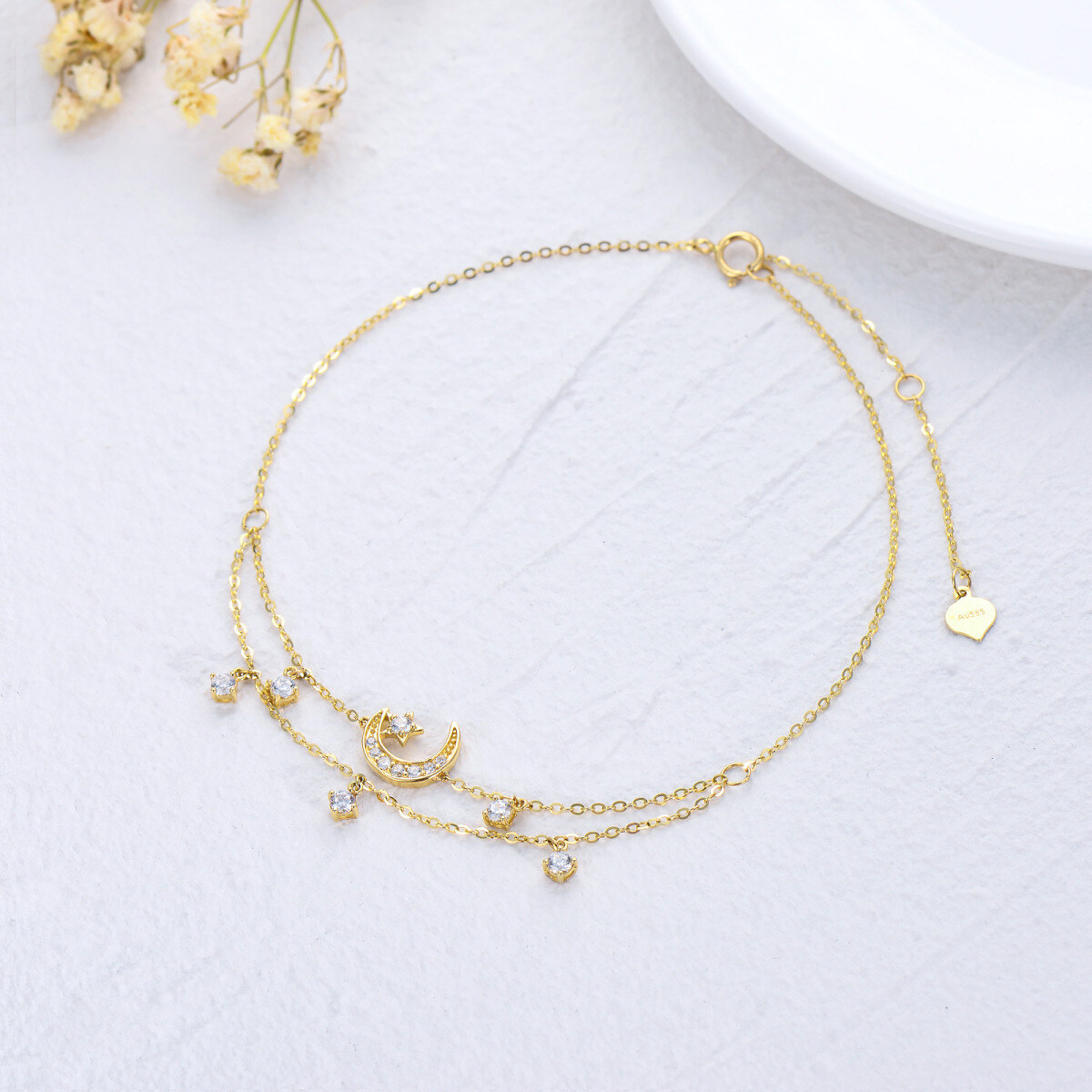 18K Gold Cubic Zirconia Moon & Star Multi-layered Anklet 18K Gold Cubic Zirconia Moon & Star Multi-layered Anklet