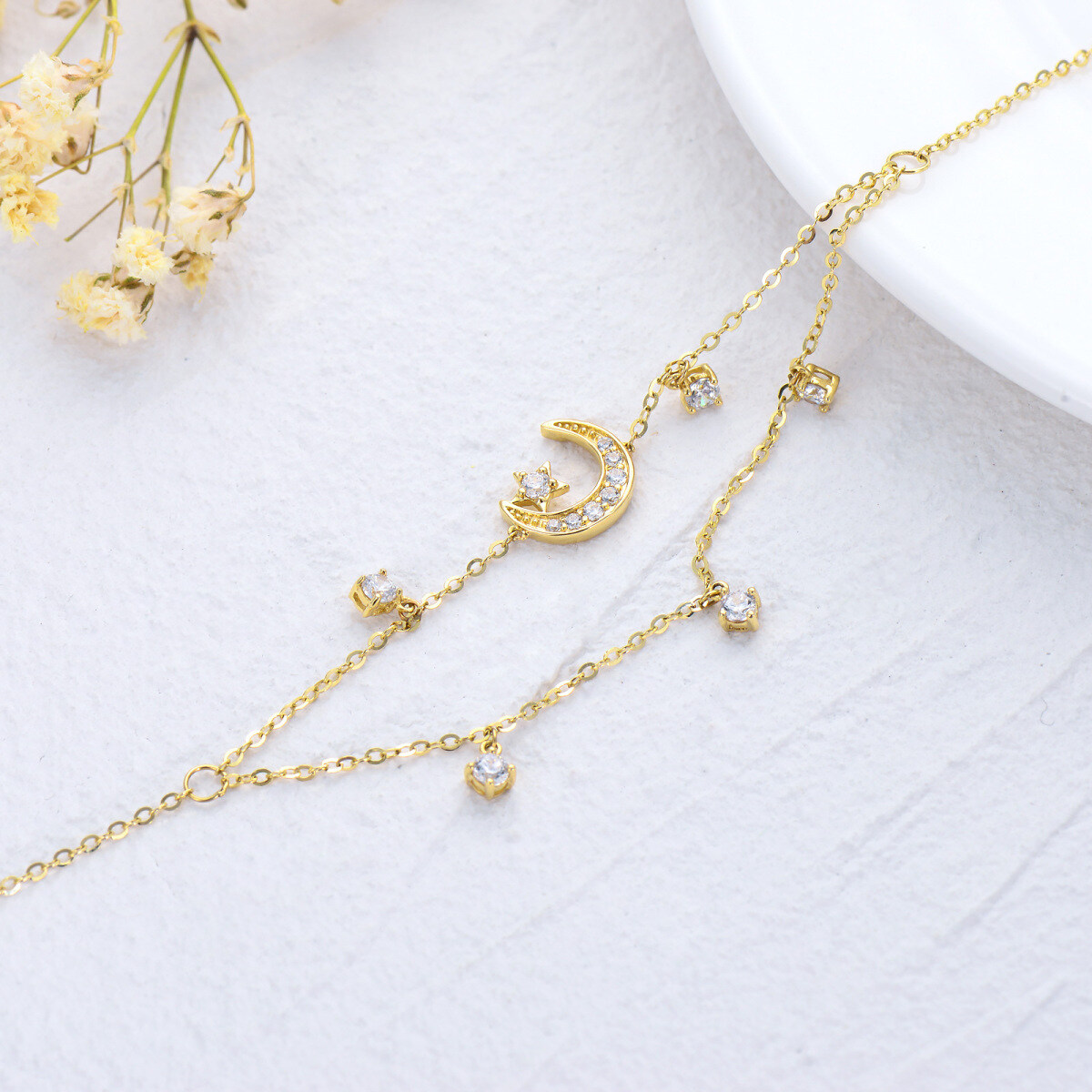 18K Gold Cubic Zirconia Moon & Star Multi-layered Anklet 18K Gold Cubic Zirconia Moon & Star Multi-layered Anklet
