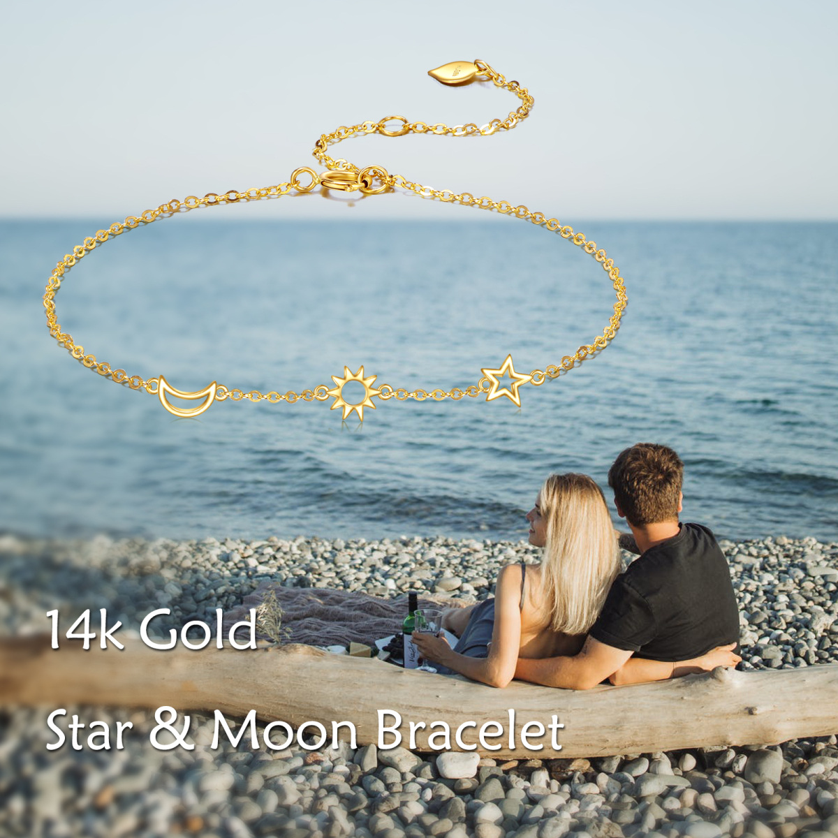 14K Gold Moon & Star Pendant Bracelet-6