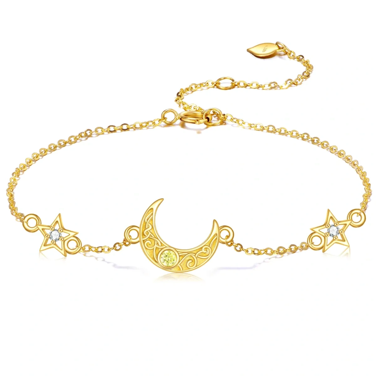 14K Gold Cubic Zirconia Moon & Star Pendant Bracelet-1