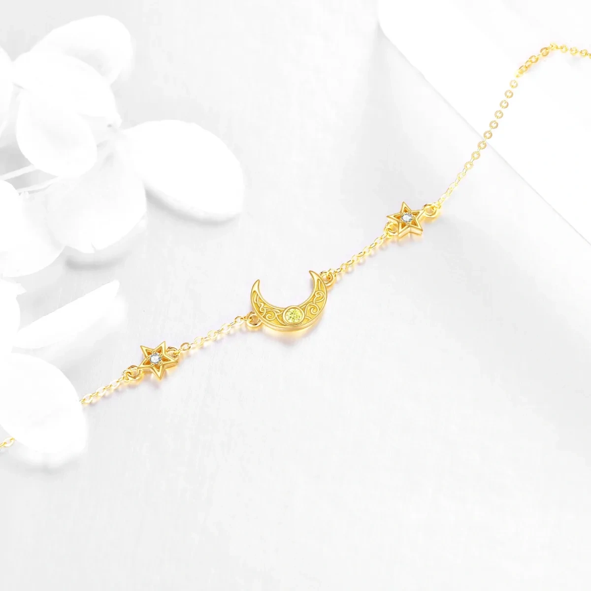 Pulsera Colgante Luna y Estrella Zirconia Cúbica Oro 14K-4