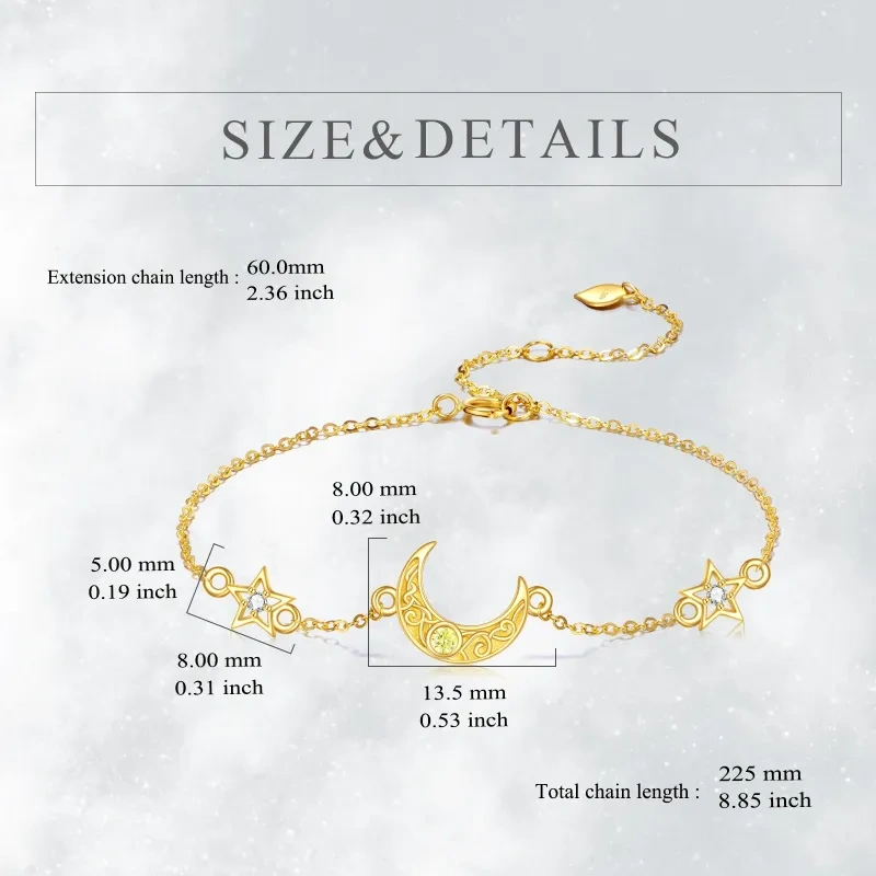 Pulseira com pingente de lua e estrela em zircónio cúbico em ouro de 14 quilates-5