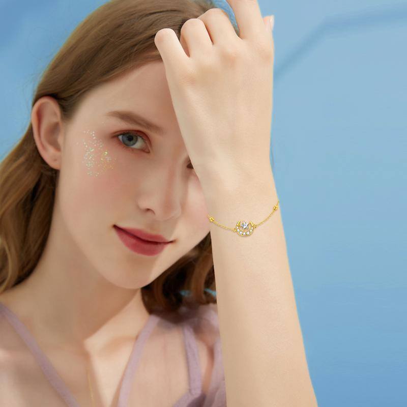 14K Gold Cubic Zirconia Moon & Star Charm Bracelet-2