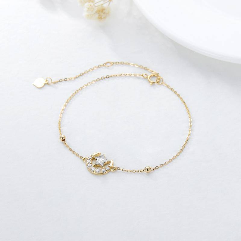 14K Gold Cubic Zirconia Moon & Star Charm Bracelet-3