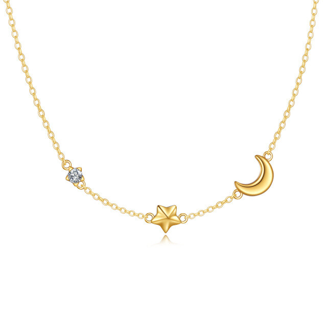 Collier avec pendentif étoile de lune et zircone cubique en or 14 carats-1