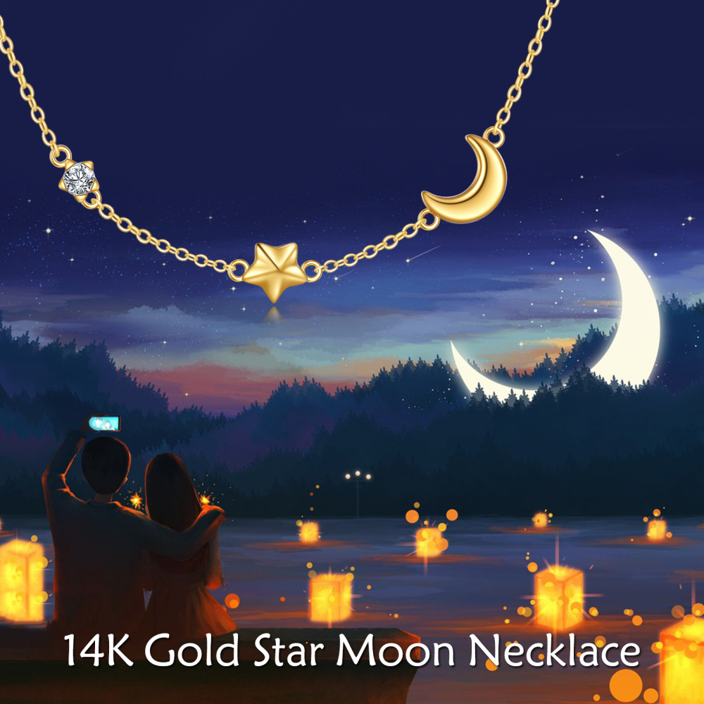 Colar com pingente de estrela da lua de zircônia cúbica em ouro 10K-6