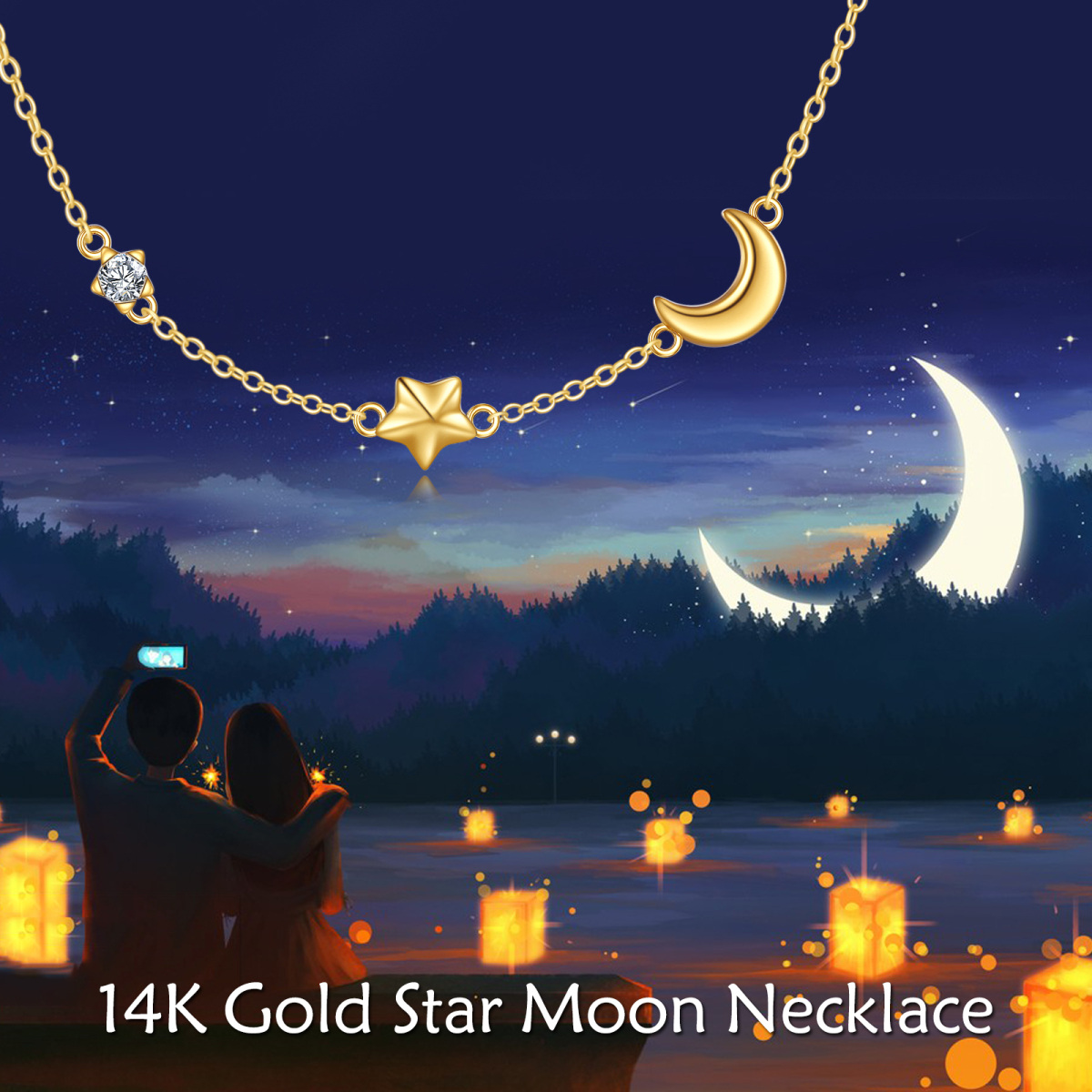 Halskette mit Mond- und Sternanhänger aus 14 Karat Gold mit Zirkonia-6