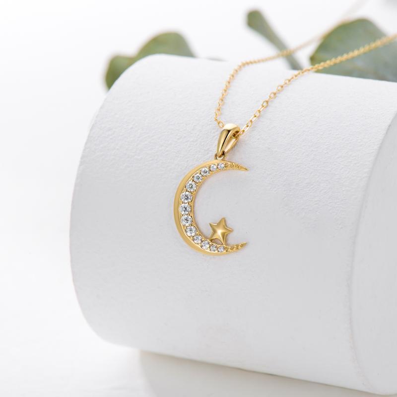Colar com pendente Lua e Estrela em Zircónio Cúbico em Ouro de 10K-3