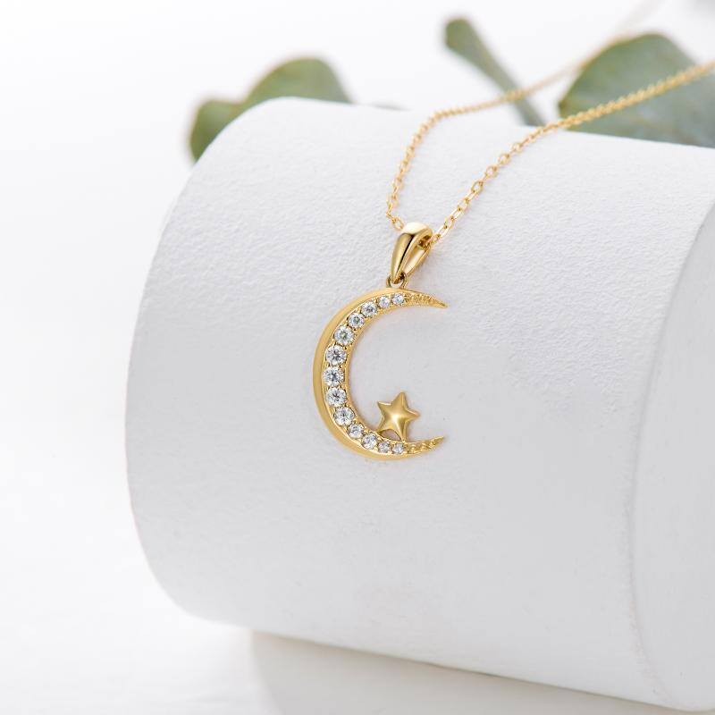 10K Gold Cubic Zirconia Moon & Star Pendant Necklace-3