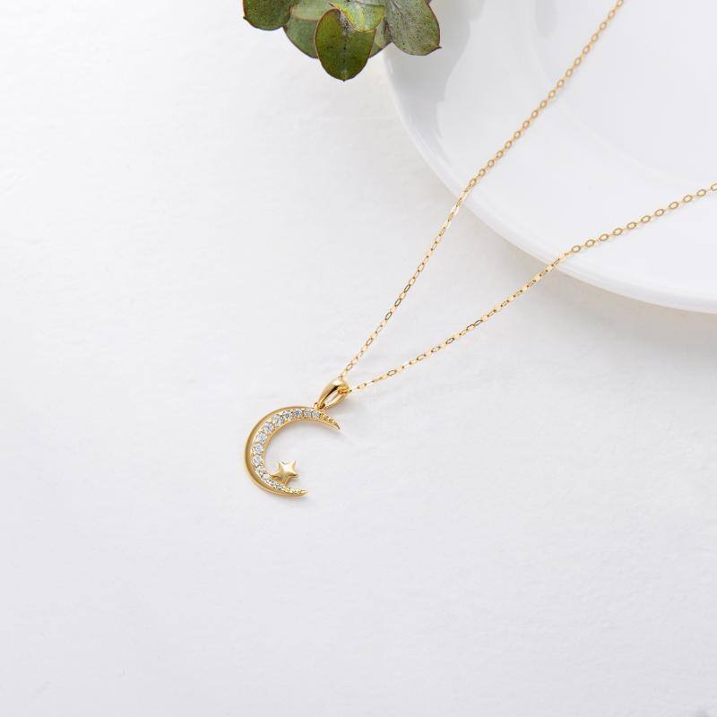 10K White Gold Cubic Zirconia Moon & Star Pendant Necklace-4