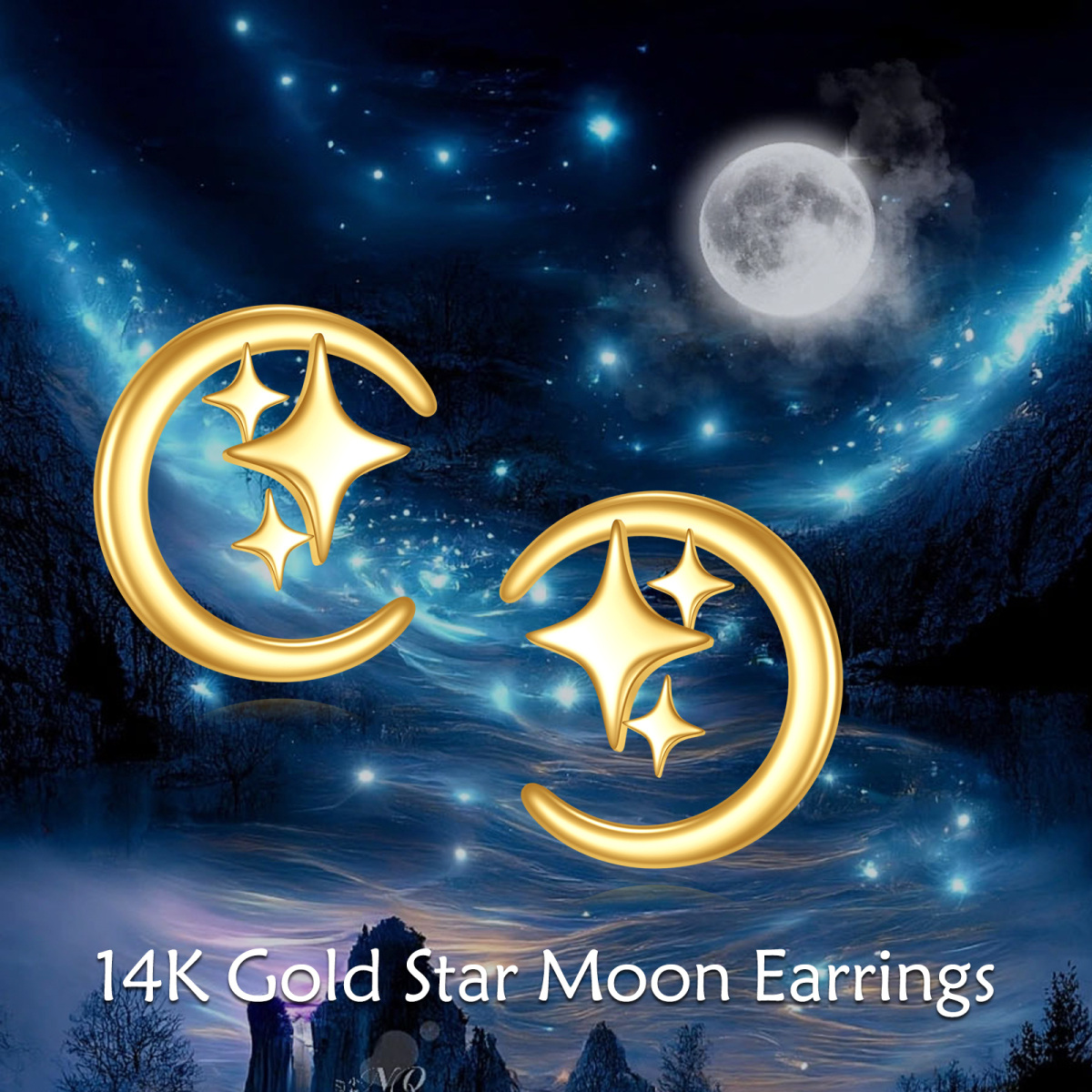 Aretes de luna y estrella en oro de 14 quilates-6