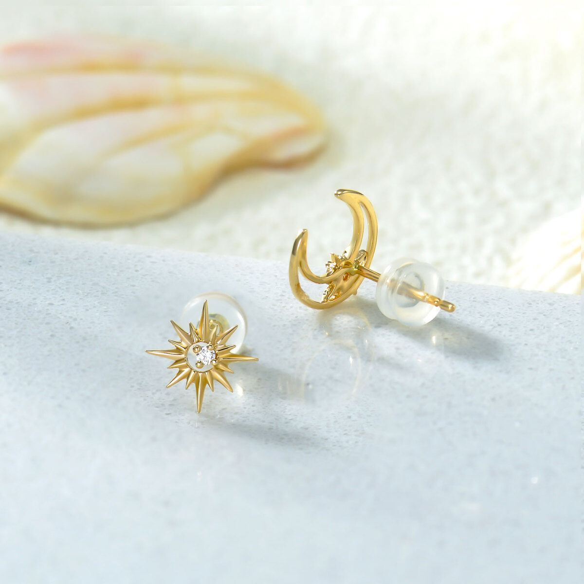 Pendientes de oro de 14 quilates con circonita cúbica, forma de luna y estrella-3