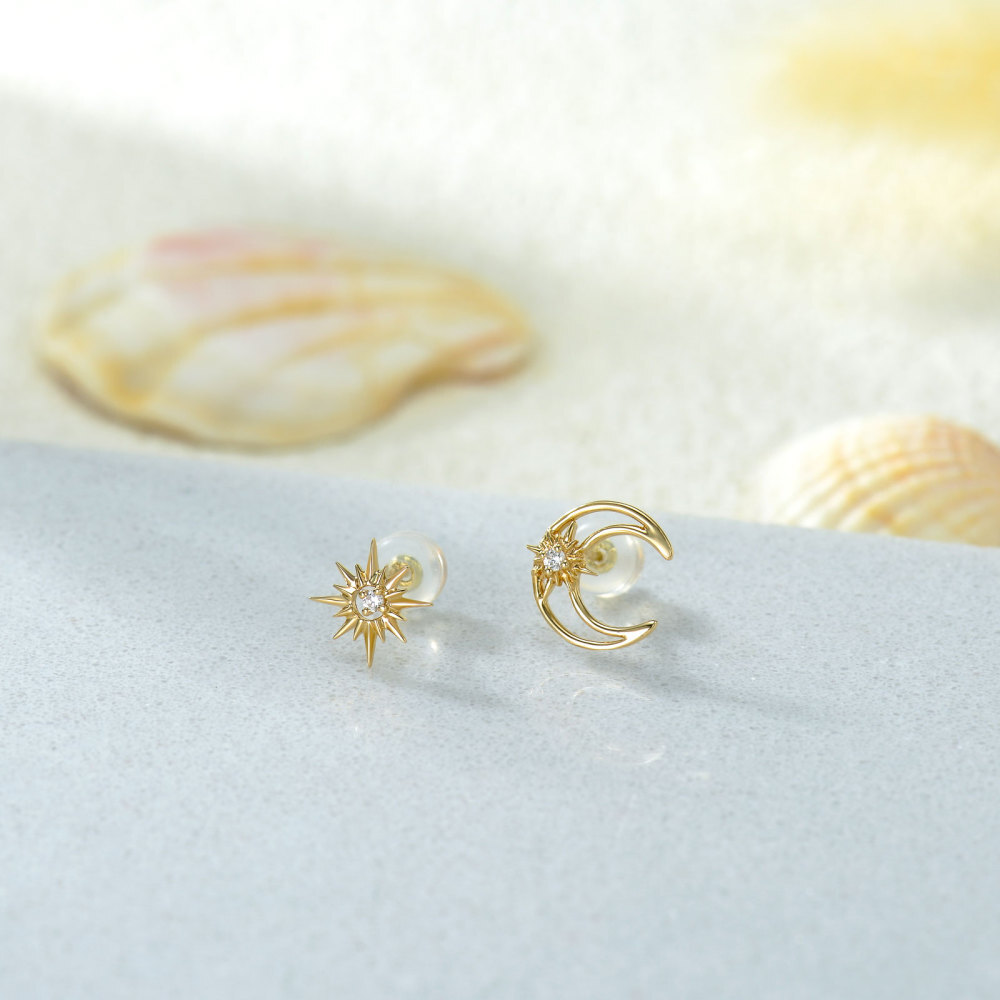 10K Gold Cubic Zirconia Moon & Star Stud Earrings-4