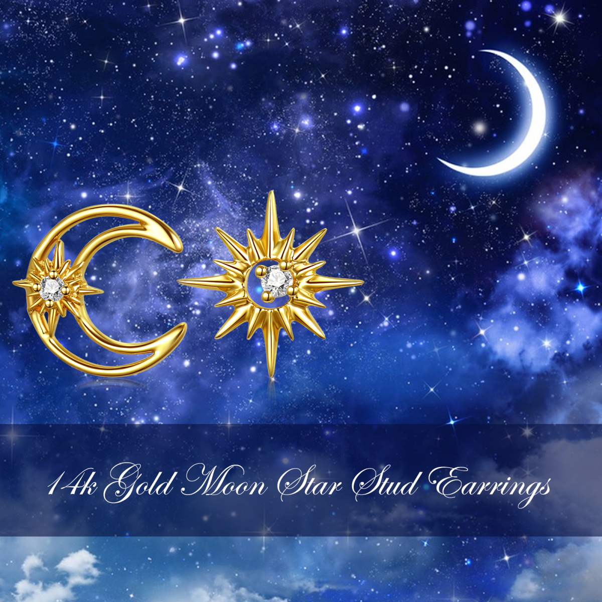 Pendientes de oro de 14 quilates con circonita cúbica, forma de luna y estrella-6