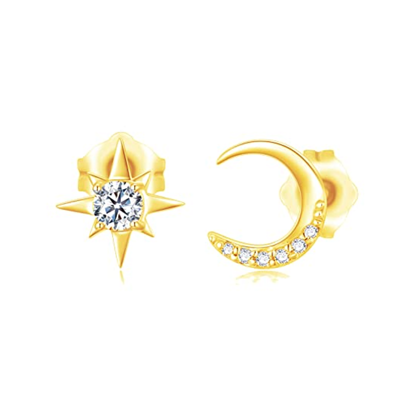 10K Gold Cubic Zirconia Moon & Star Stud Earrings-10