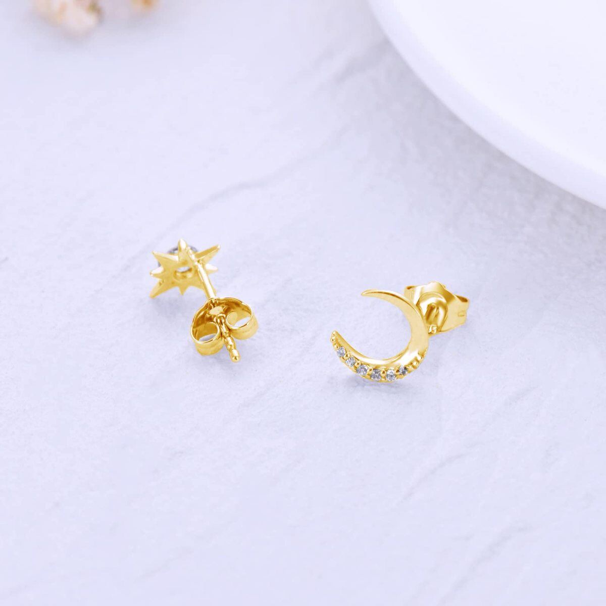 14K Gold Cubic Zirconia Moon & Star Stud Earrings-3