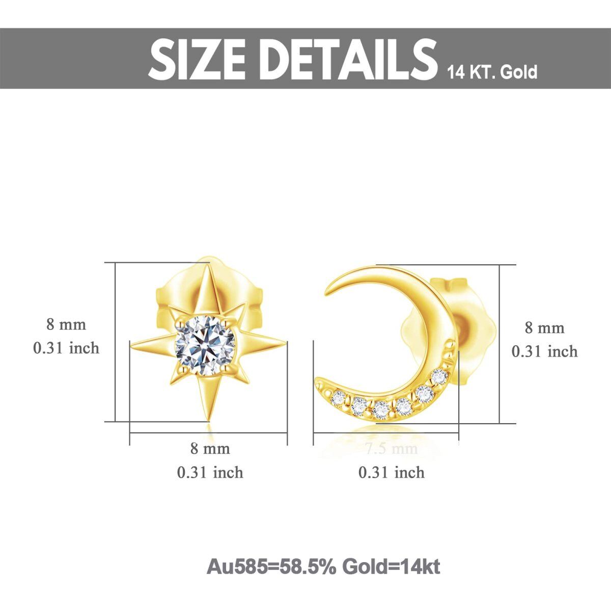 14K Gold Cubic Zirconia Moon & Star Stud Earrings-4