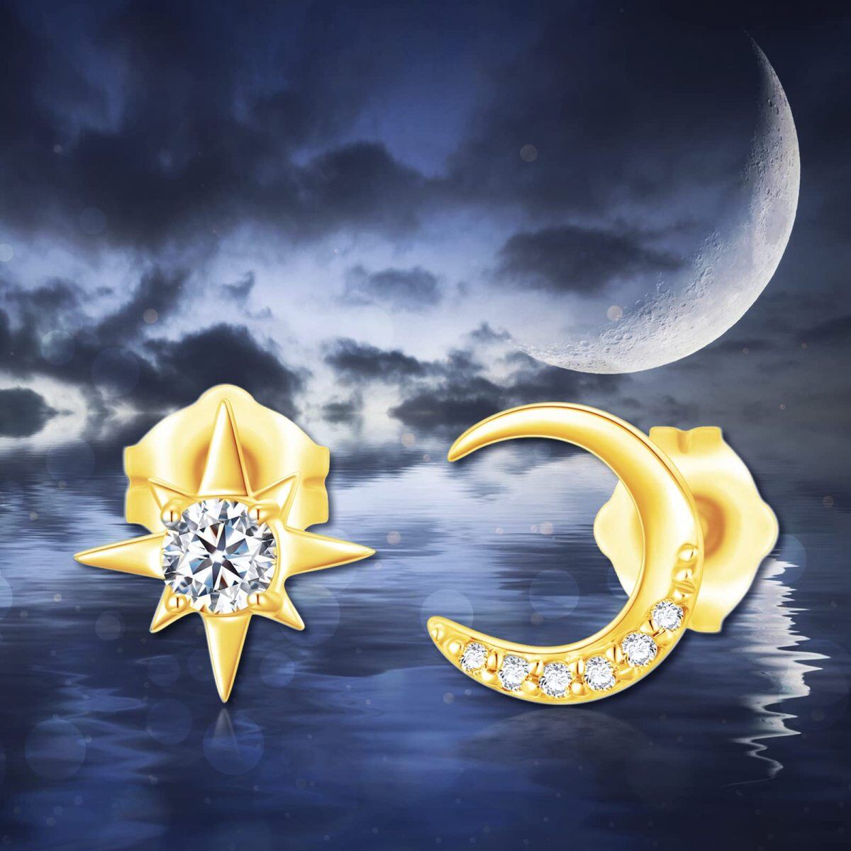 14K Gold Cubic Zirconia Moon & Star Stud Earrings-5