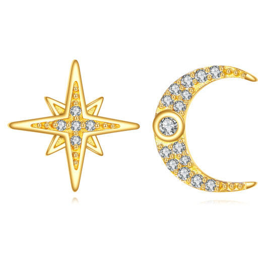 Brincos de Tarraxa em Ouro 10K com Zircônia Cúbica em Formato de Lua e Estrela