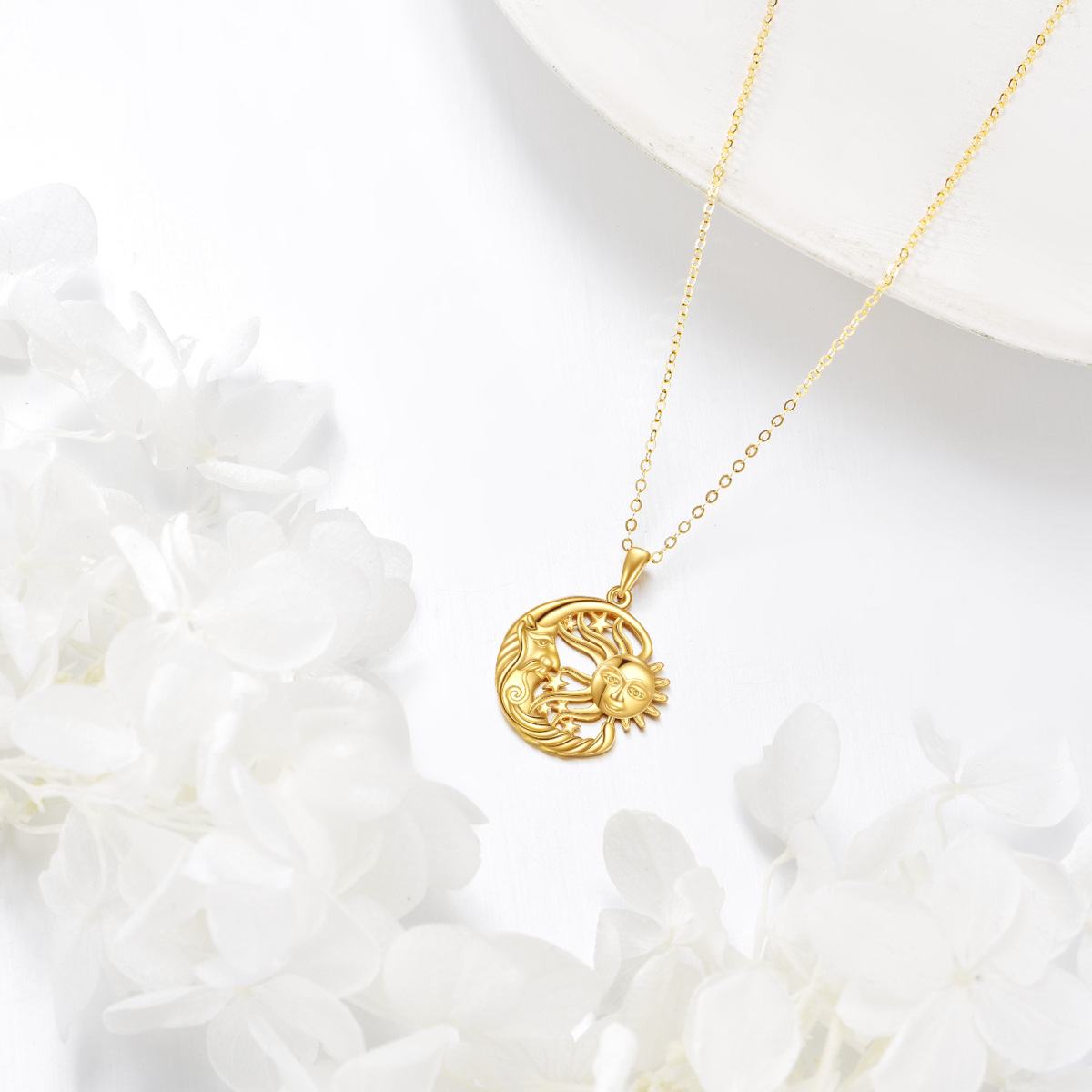 Collana con ciondolo stella luna sole in oro 14K-5