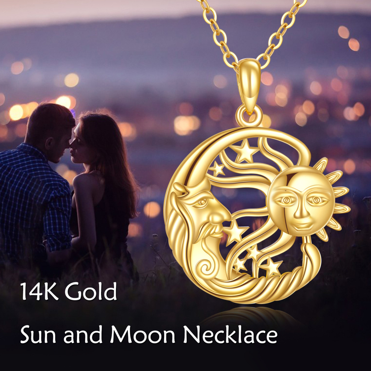 Collana con ciondolo stella luna sole in oro 10K-6