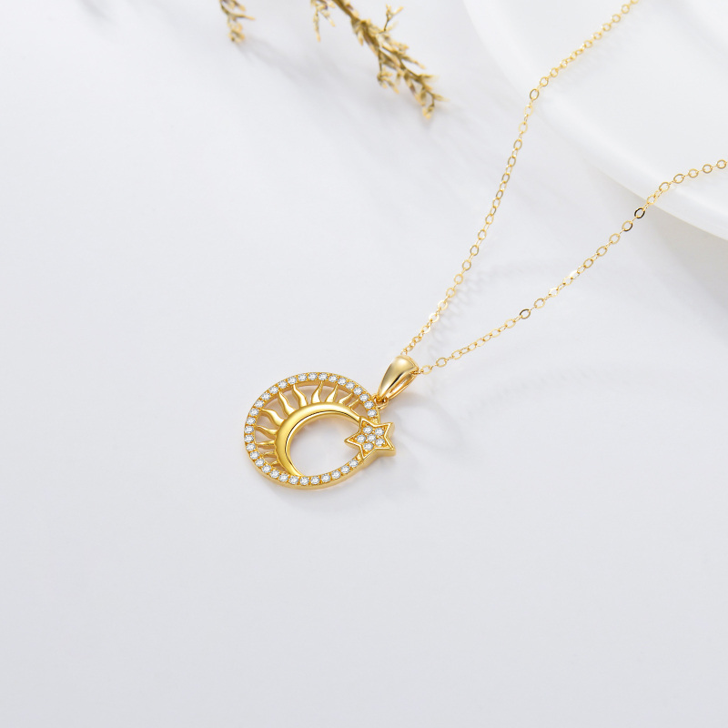 Colar com pendente de lua e sol em ouro branco 10K com zircónias cúbicas-4