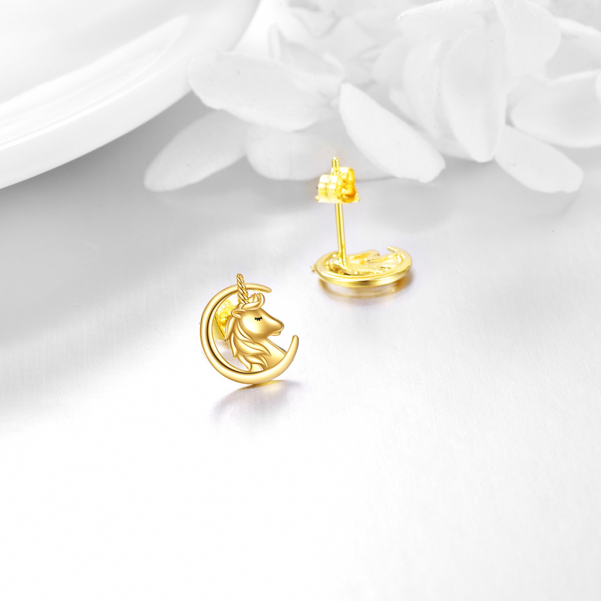 14K Gold Moon & Unicorn Stud Earrings-3