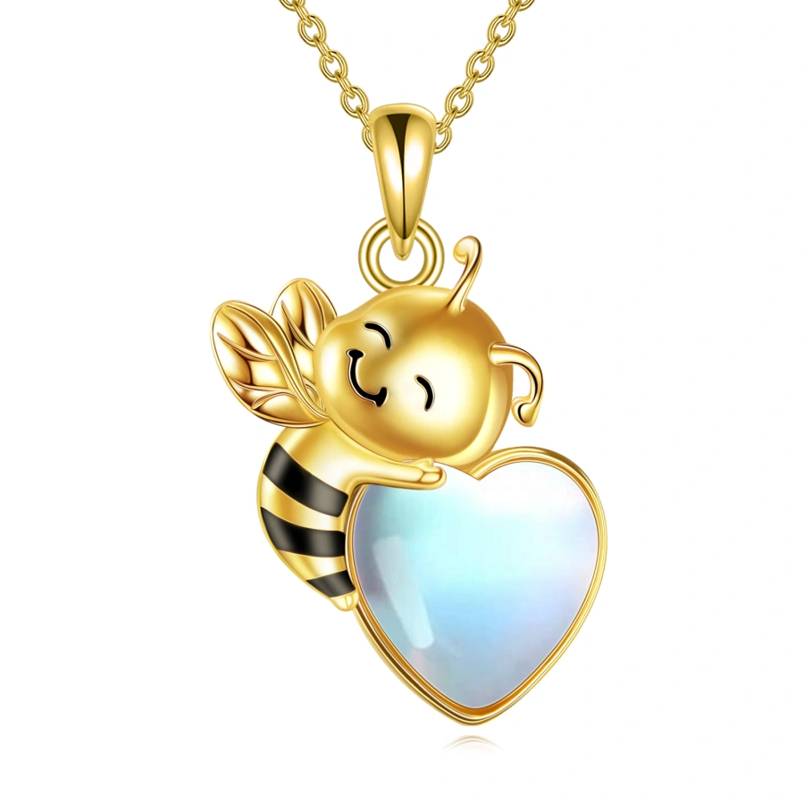 10K Gold Moonstone Bee & Heart Necklace for Women-1