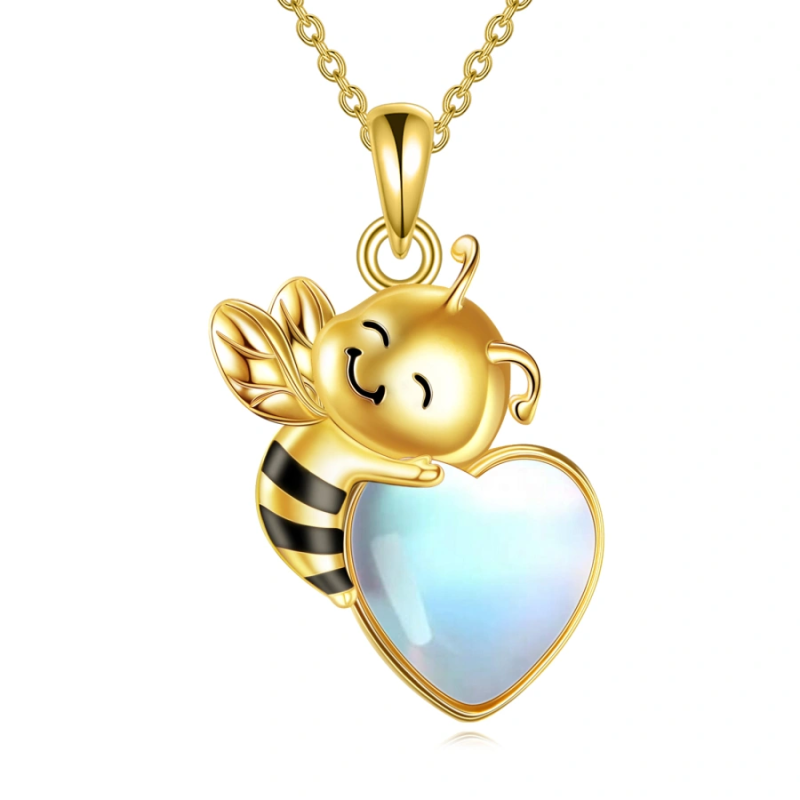 10K Gold Moonstone Bee & Heart Necklace for Women-8