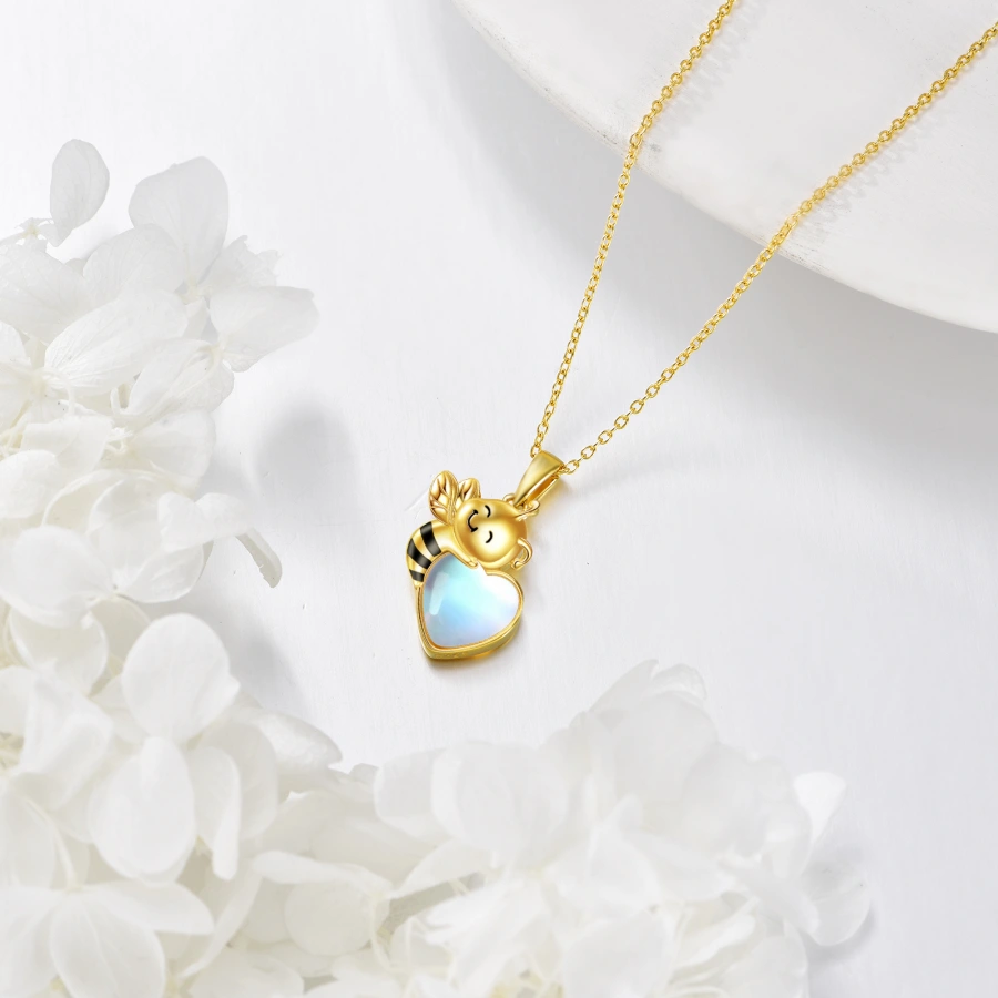 10K Gold Moonstone Bee & Heart Necklace for Women-3