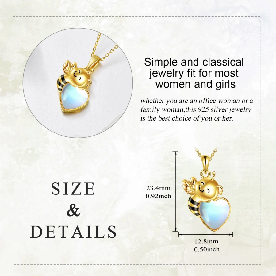 10K Gold Moonstone Bee & Heart Necklace for Women-4